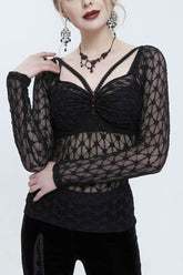 Chemise Punk pour Femme à Manches Longues Transparente Rouge avec Devant en Dentelle Noire et Diamants